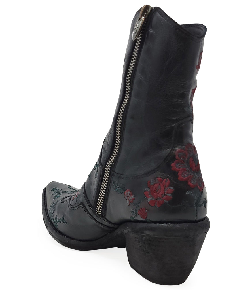 Leather embroidered ankle boot best sale