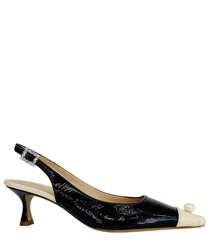 Navy/Off White Sling back Kitten Heel With Pearl