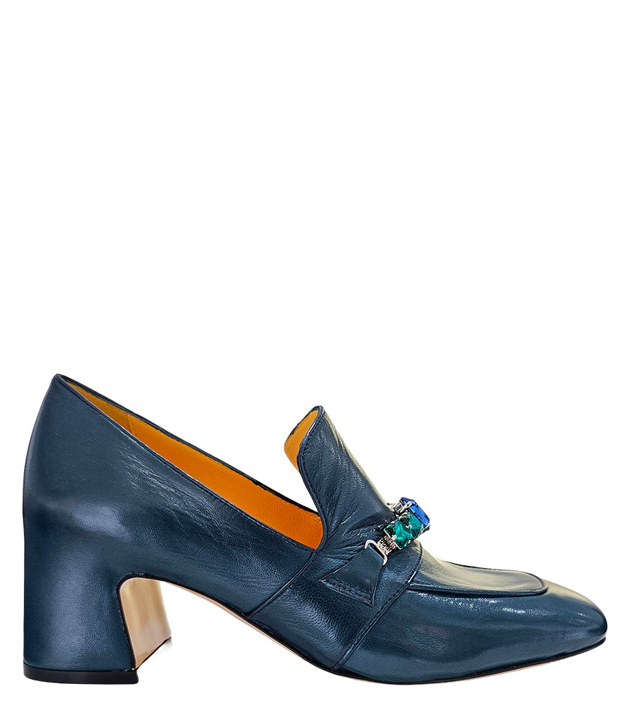 Navy Leather Mid Heel Jeweled Loafer