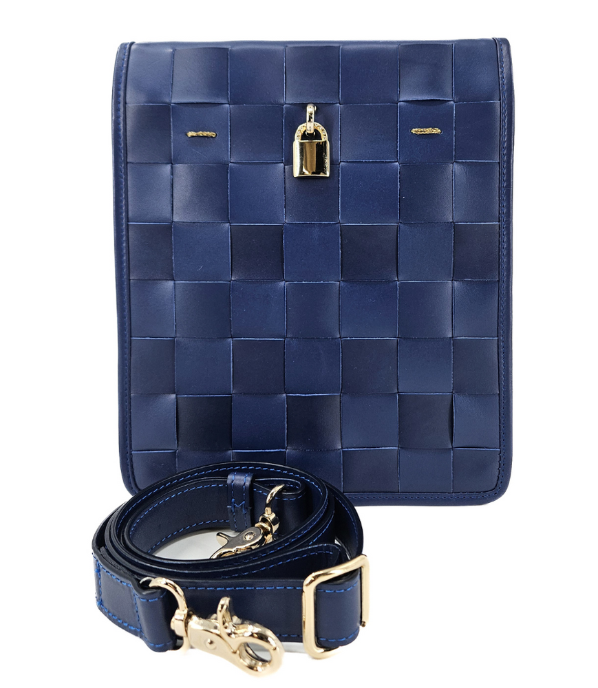 
                      
                        Woven Leather Navy Blue Crossbody Bag
                      
                    