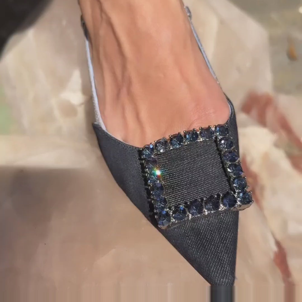 
                      
                        Load and play video in Gallery viewer, Denim/Silver Sling Back Flat
                      
                    