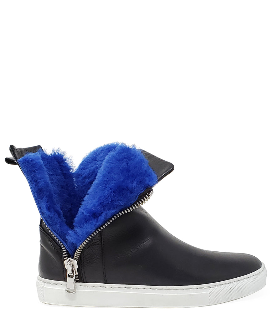 
                      
                        BLACK LEATHER W/ BLUE SHEARLING LINED DOUBLE ZIP HI TOP SNEAKER
                      
                    