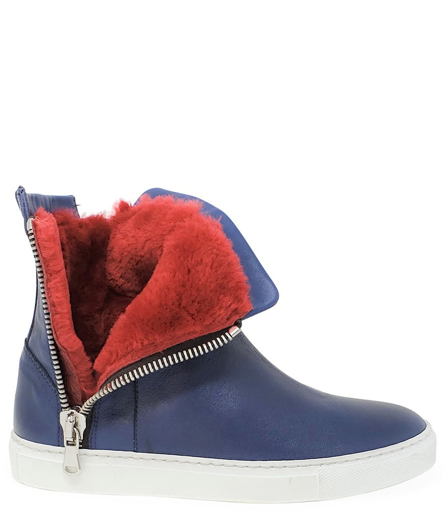 
                      
                        MADISON MAISON NAVY LEATHER W/ RED SHEARLING LINED DOUBLE ZIP HI TOP SNEAKER
                      
                    