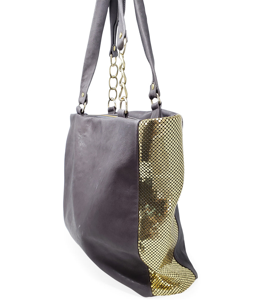 Shop Laura B Milena Grey/Gold Leather Shopper bag MadisonStyle.com ...