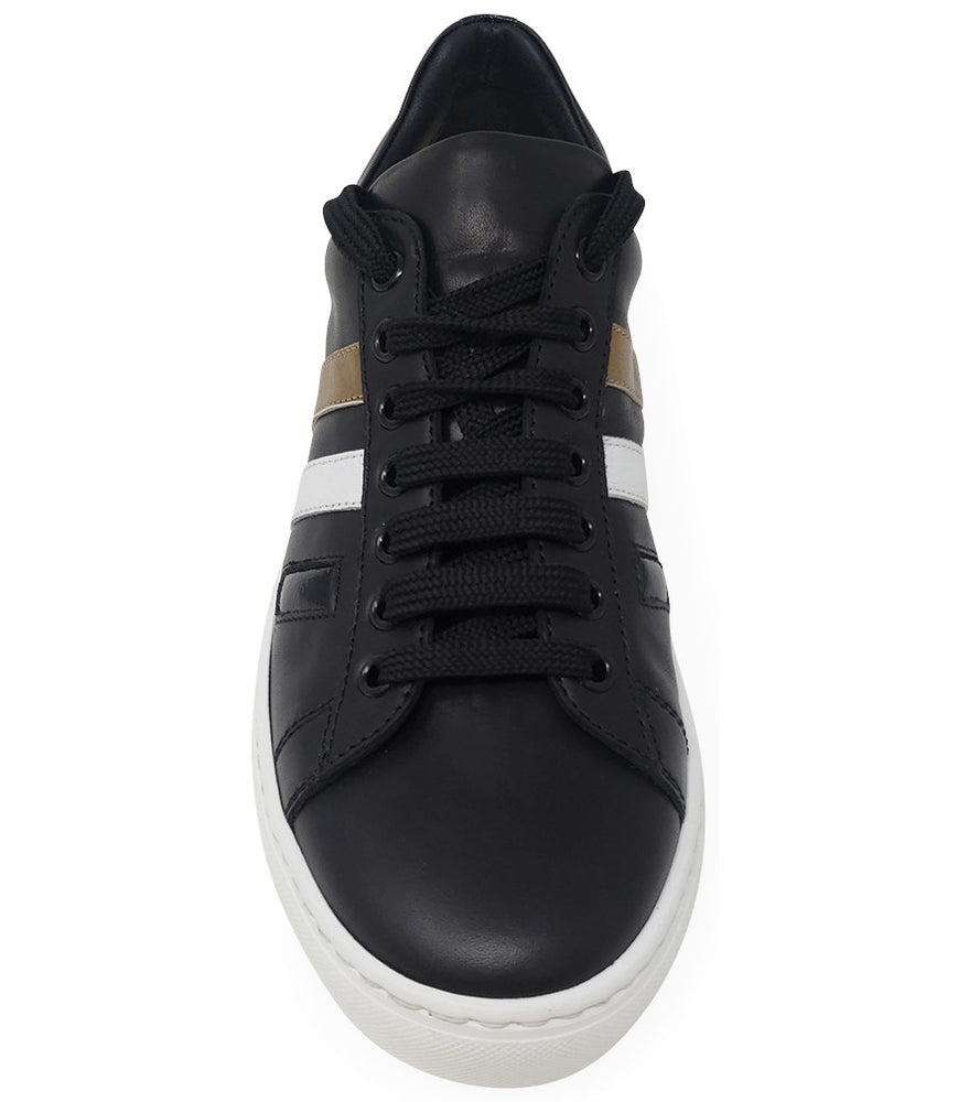 
                      
                        Black Leather 3 Stripe Sneaker
                      
                    