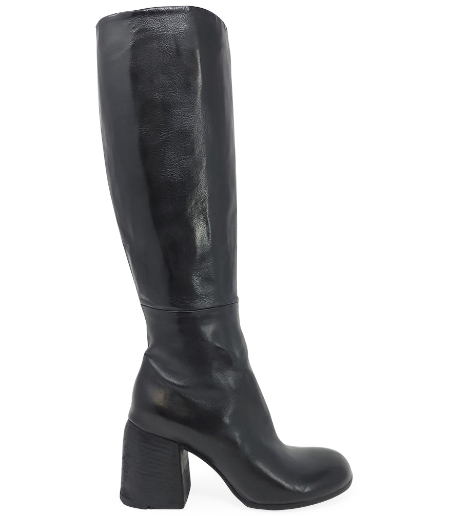 Black Leather Round Toe Knee High Boot