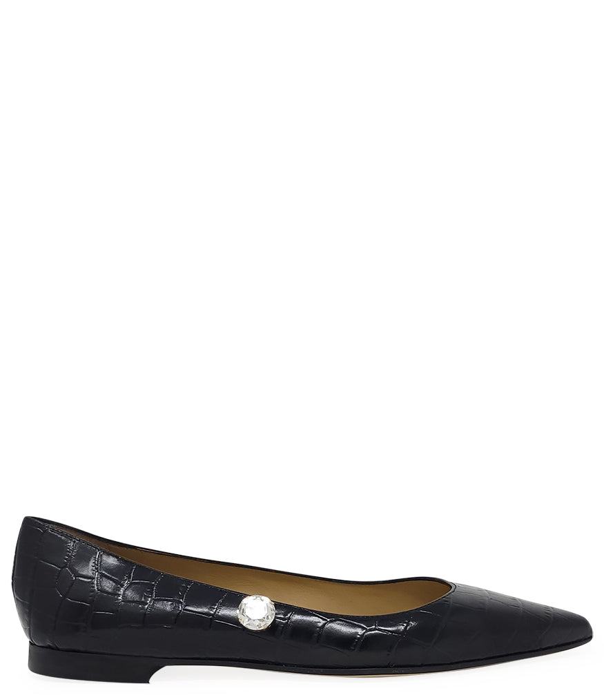 Madison Maison Black Leather Croc Print Flat Pointy Ballet - MADISON MAISON