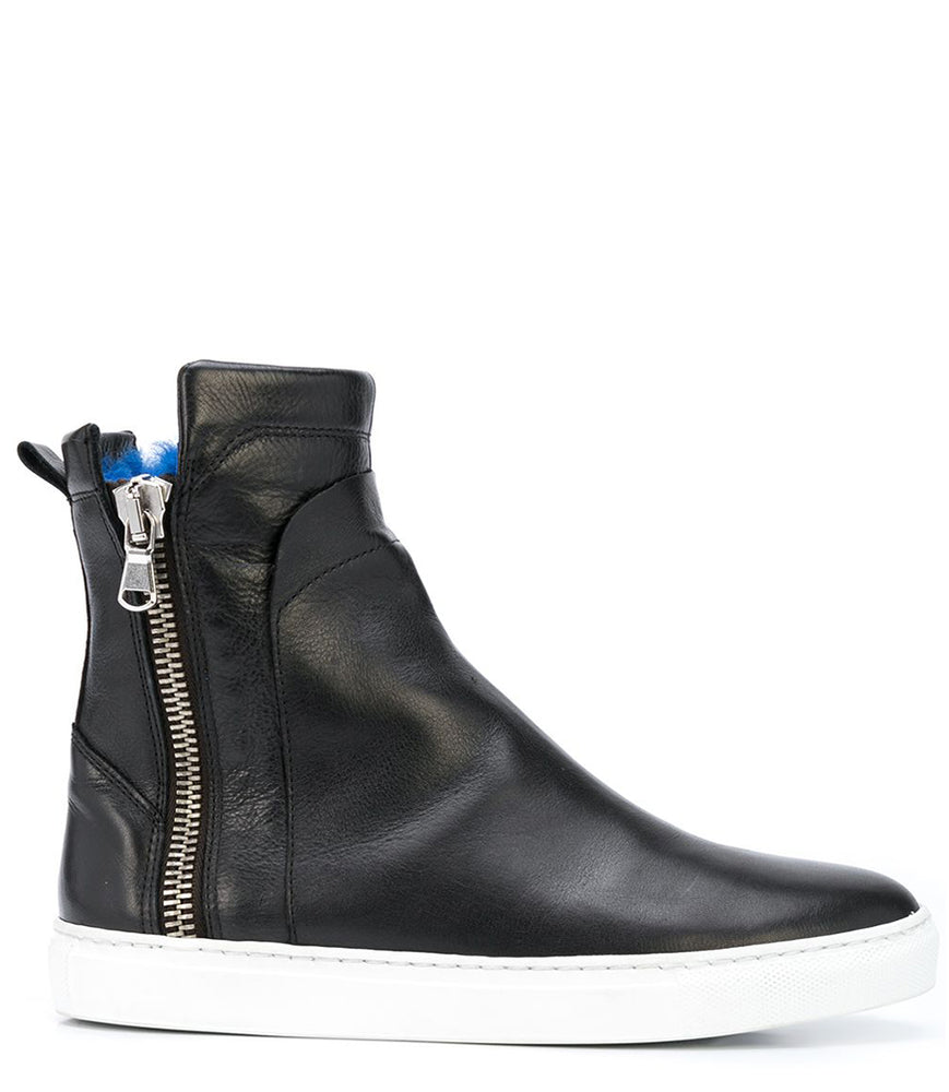 
                      
                        BLACK LEATHER W/ BLUE SHEARLING LINED DOUBLE ZIP HI TOP SNEAKER
                      
                    