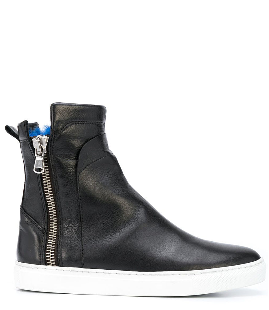 BLACK LEATHER W/ BLUE SHEARLING LINED DOUBLE ZIP HI TOP SNEAKER