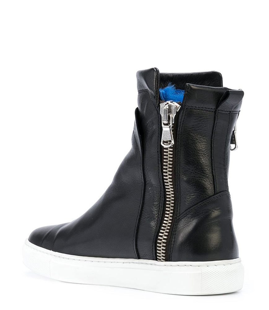 
                      
                        BLACK LEATHER W/ BLUE SHEARLING LINED DOUBLE ZIP HI TOP SNEAKER
                      
                    