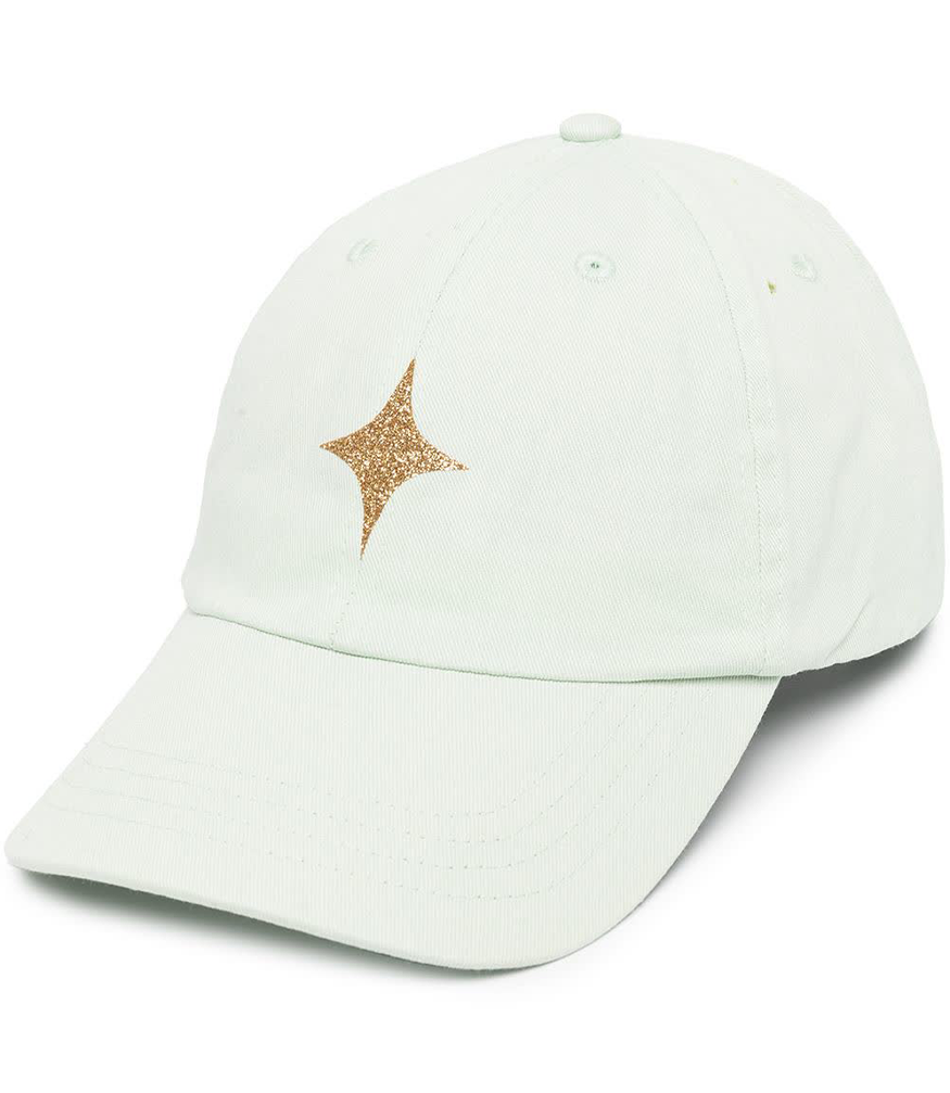 baseball cap with gold glitter star on front and an adjustable strap at back