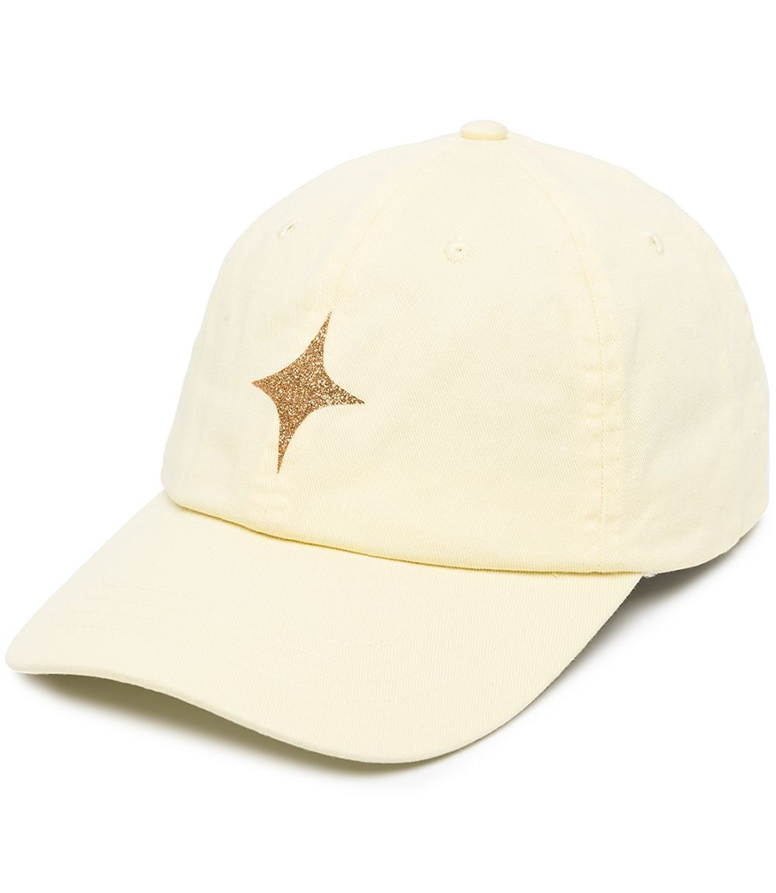 baseball cap with gold glitter star on front and an adjustable strap at back