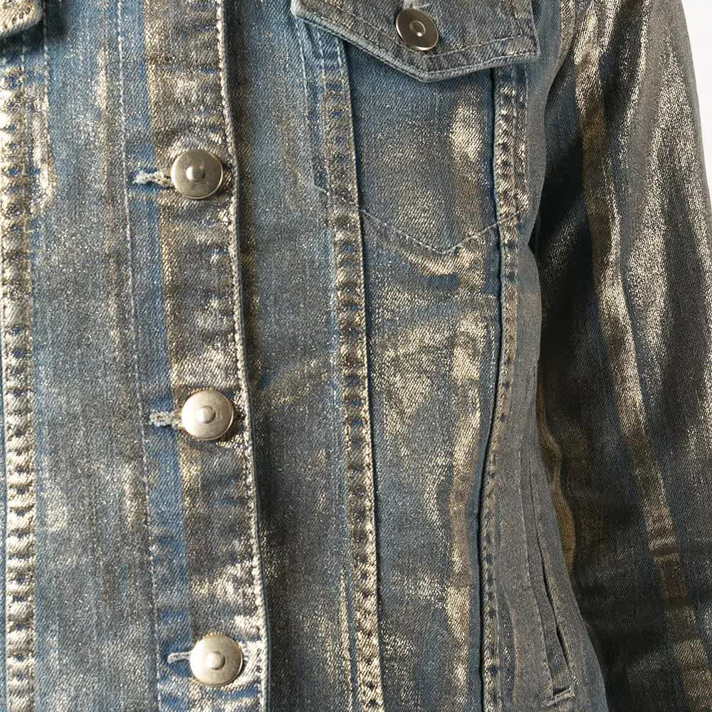 
                      
                        denim jacket with metallic details on outer 
                      
                    