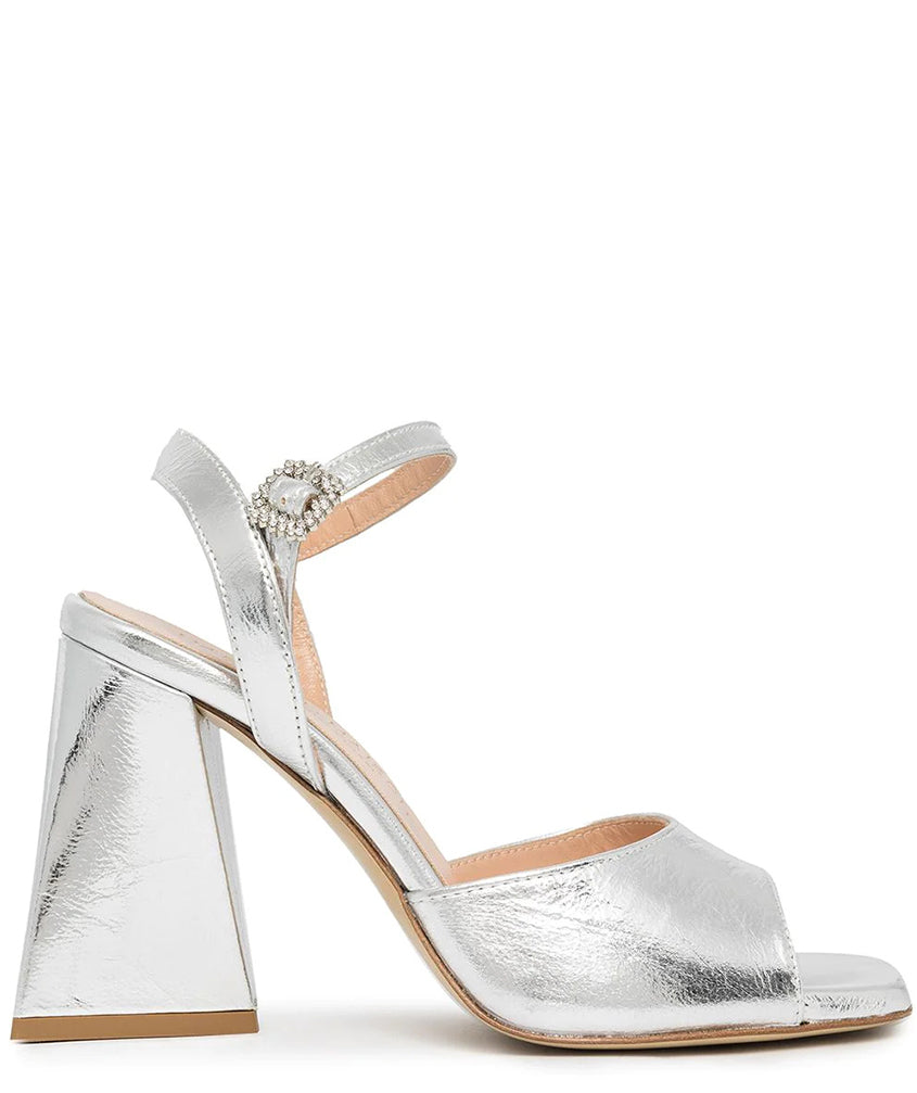 Silver Metallic Leather Triangle Heel